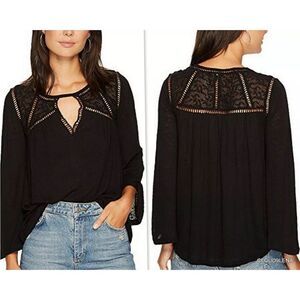 LUCKY BRAND Linen Modal Key-hole Mixed Lace Trapeze Peasant Blouse Top Large NEW